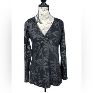 Roper Western Spirit Black W Silver Floral Long Sleeve Blouse Nylon Trim size M